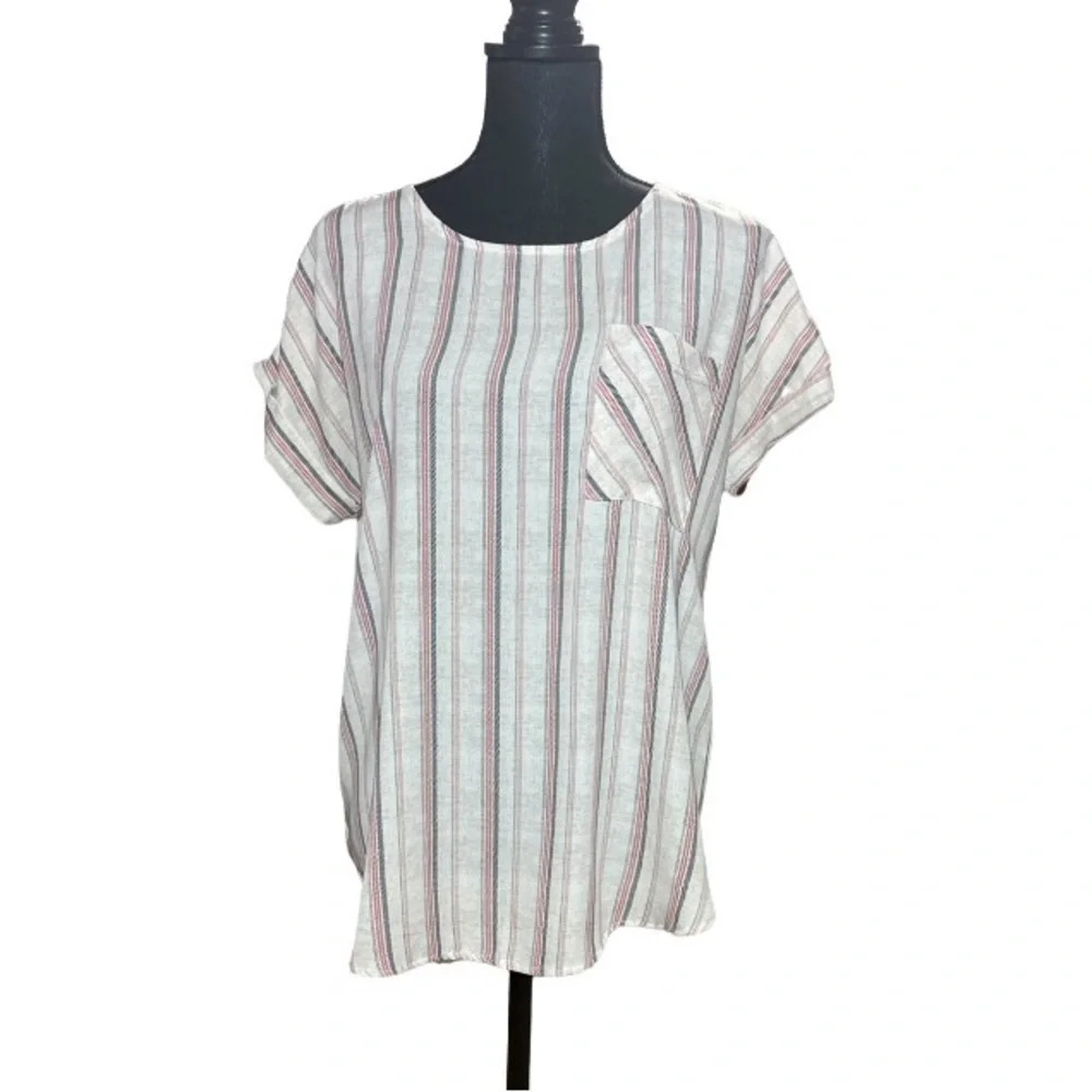 Flamingo Short Sleeve Striped Crew Neck Tunic Top Size Small